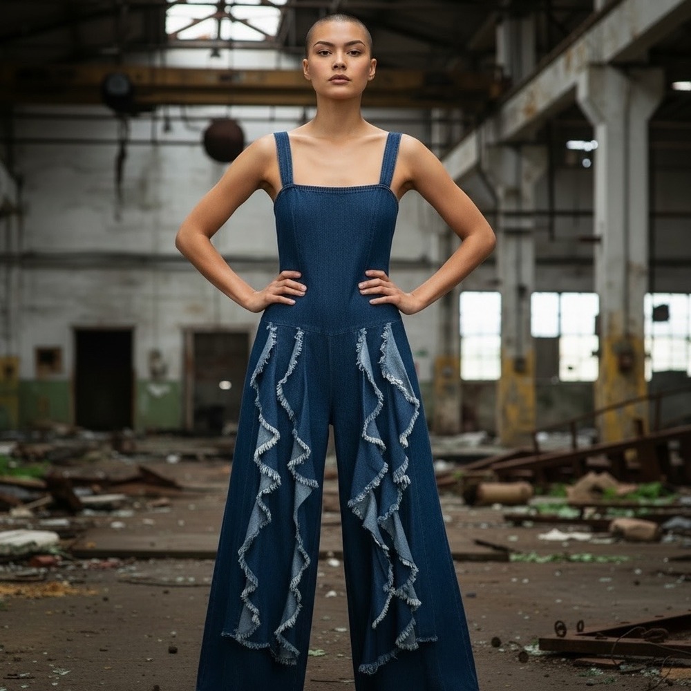 Love Highlight Denim Ruffle Jumpsuit Womens S Blue Wide Leg Fringe Corset Style